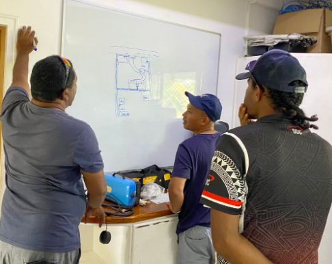 The ODC crew planning the security and network layout on a whiteboard