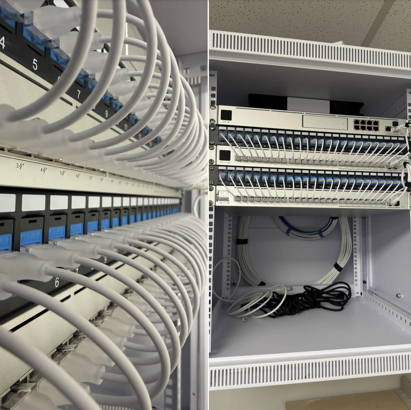 Professional structured cabling by ODC — dressed, labelled patch panels in a tidy network cabinet