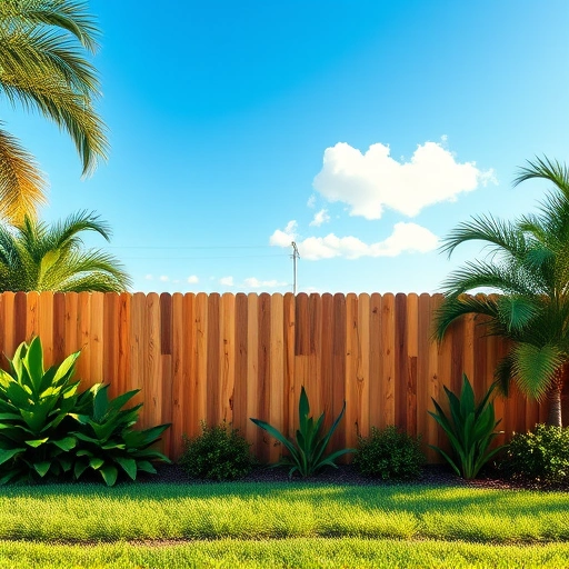 New wooden fence installation in Fort Lauderdale, surrounded by lush grass and tropical plants under a clear blue sky.