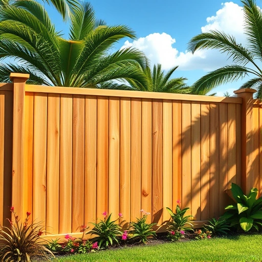 New wooden privacy fence installation in Fort Lauderdale surrounded by lush tropical plants and a clear blue sky.