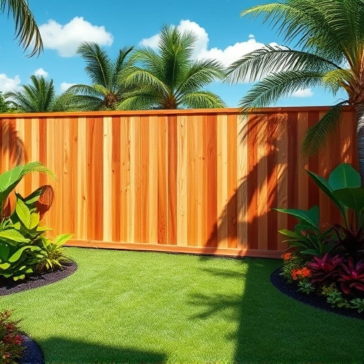 New wooden privacy fence installation in Fort Lauderdale surrounded by tropical plants and a manicured lawn.