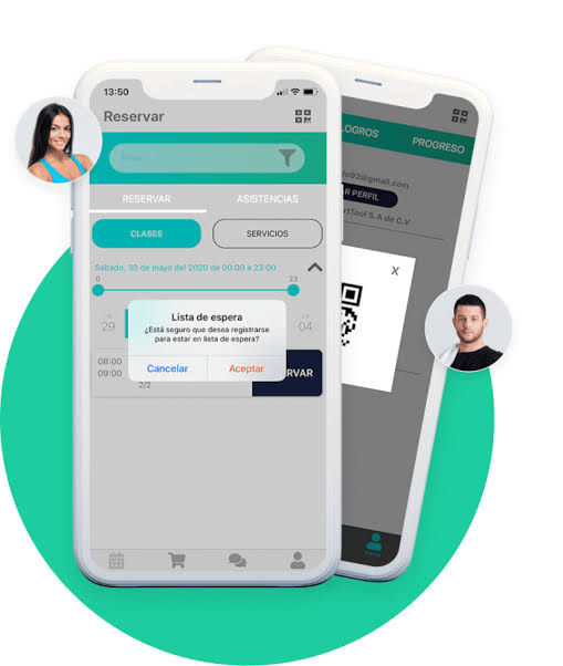 App Fitco mostrando pantalla de reservas y perfil