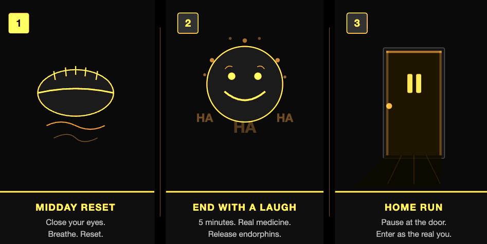 Three-panel cinematic graphic showing Tony Suriano's reset framework for a hard day. Panel 1: a closed eye with breath waves — Midday Reset. Panel 2: a geometric laughing face with radiating dots — End With a Laugh. Panel 3: a lit doorway with a pause symbol — Home Run. Each panel uses gold, black, and dark tones in Tony Suriano's brand palette.