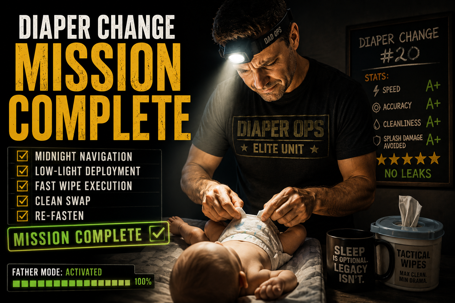 Humorous cinematic image of a dad changing his baby’s diaper at night with mission-complete graphics, tactical wipes, and “Diaper Ops Elite Unit” theme. Humorous cinematic image of a dad changing his baby’s diaper at night with mission-complete graphics, tactical wipes, and “Diaper Ops Elite Unit” theme.