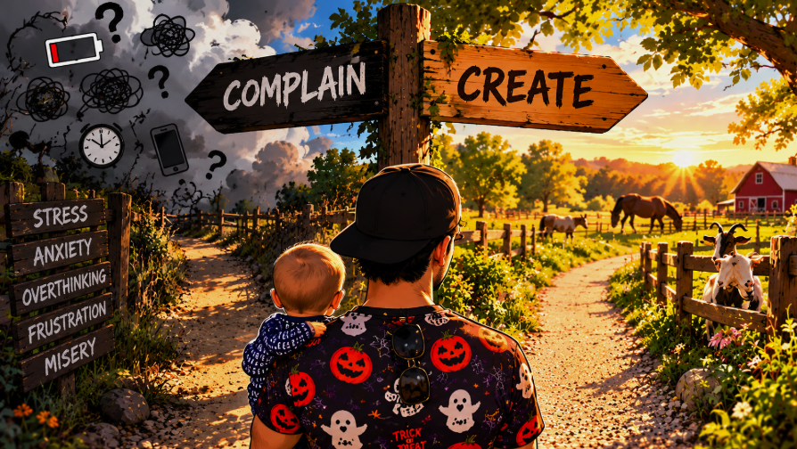 Tony Suriano holding his son at a farm crossroads, choosing between a dark path of stress and frustration and a bright path of creativity and possibility.