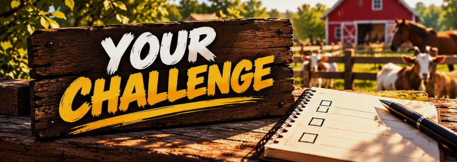Rustic “Your Challenge” sign beside a notebook at a sunny farm with goats, horses, and a red barn in the background.