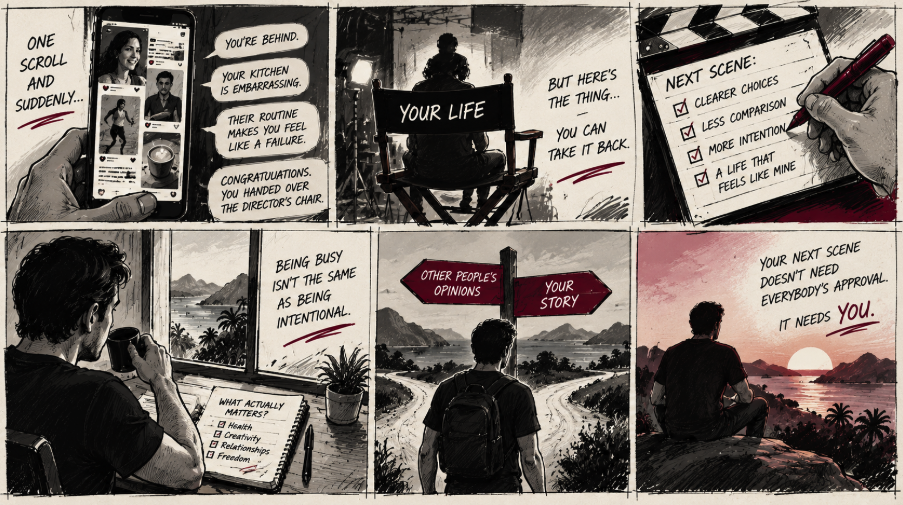 Black-and-white cinematic storyboard illustrating how social media comparison and distractions can lead to drifting, and how intentional decisions create a life of your own choosing. Black-and-white cinematic storyboard illustrating how social media comparison and distractions can lead to drifting, and how intentional decisions create a life of your own choosing.