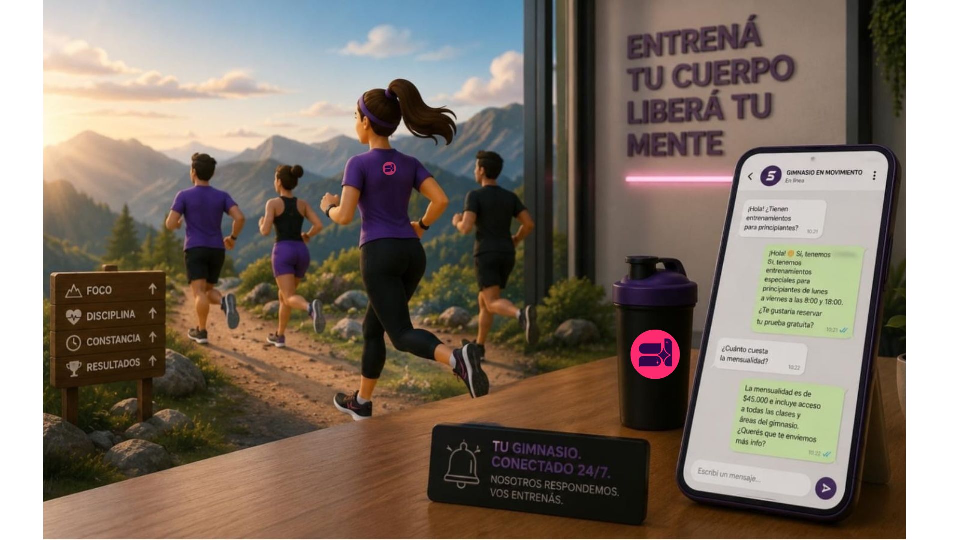 Gimnasio con entrenadores y socios entrenando