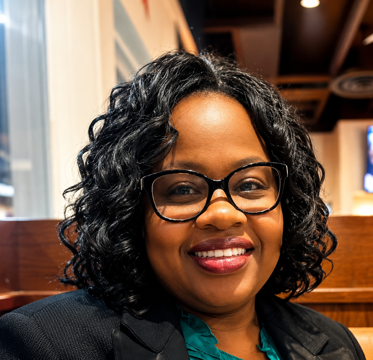 Smiling Woman in Glasses Sitting Indoors with Curly Hair