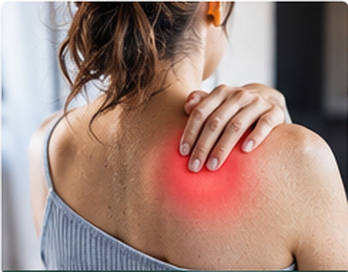Woman Holding Shoulder with Red Highlight Indicating Pain Management Need