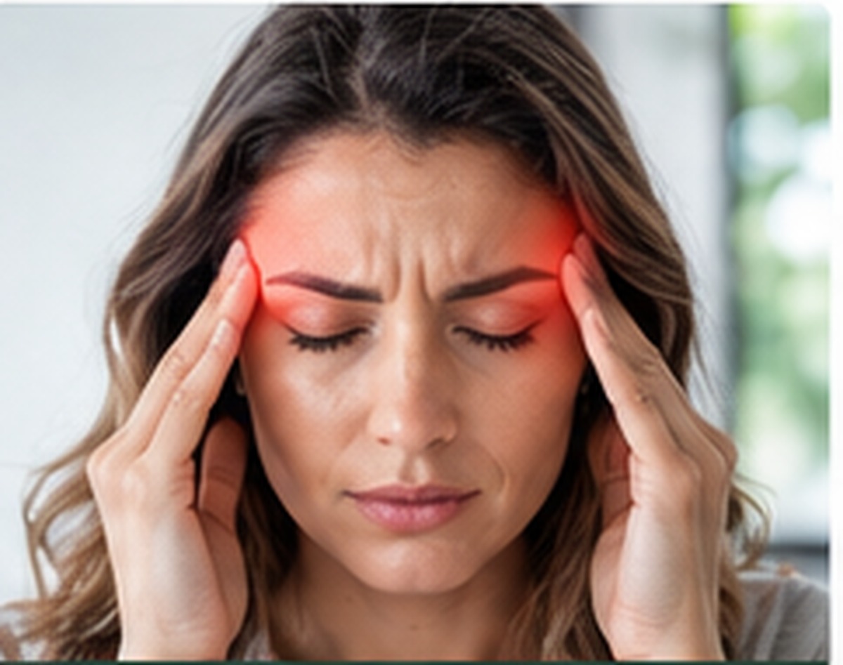Woman Experiencing Headache Holding Temples for Pain Relief