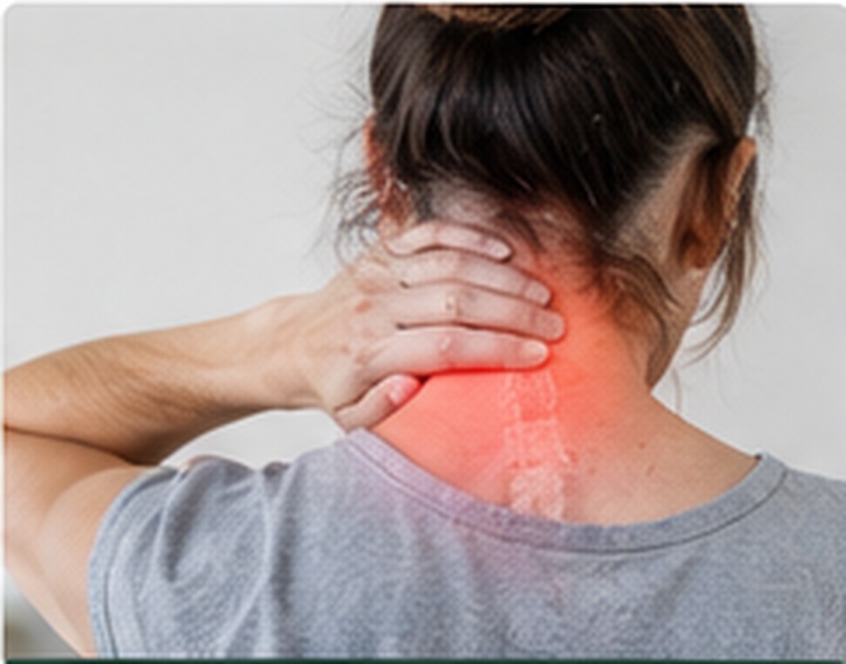 Woman Holding Neck with Red Highlight Indicating Pain and Discomfort