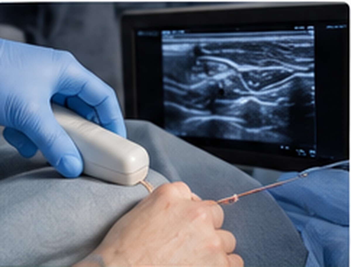 Ultrasound Procedure for Pain Management Showing Hand and Medical Equipment