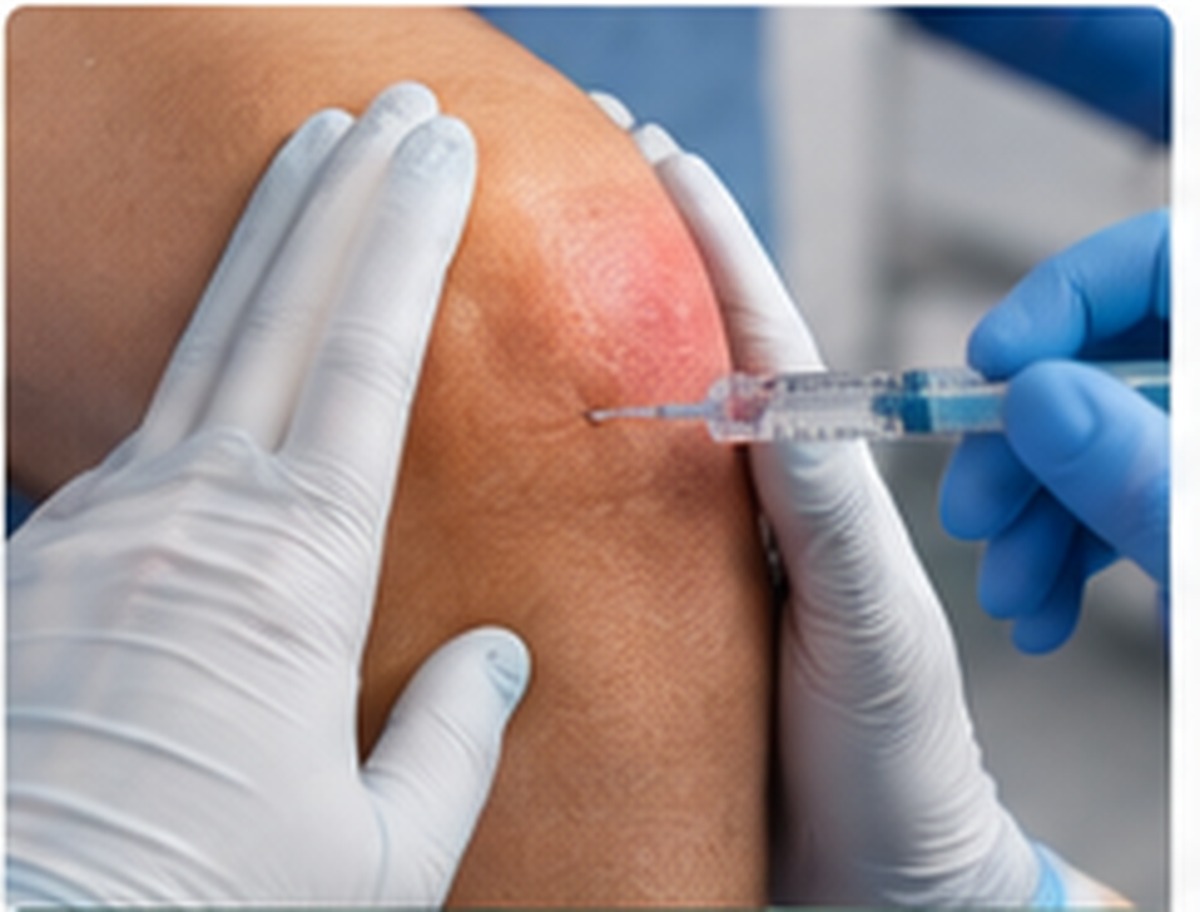 Healthcare Professional Administering Injection for Pain Management on a Swollen Knee