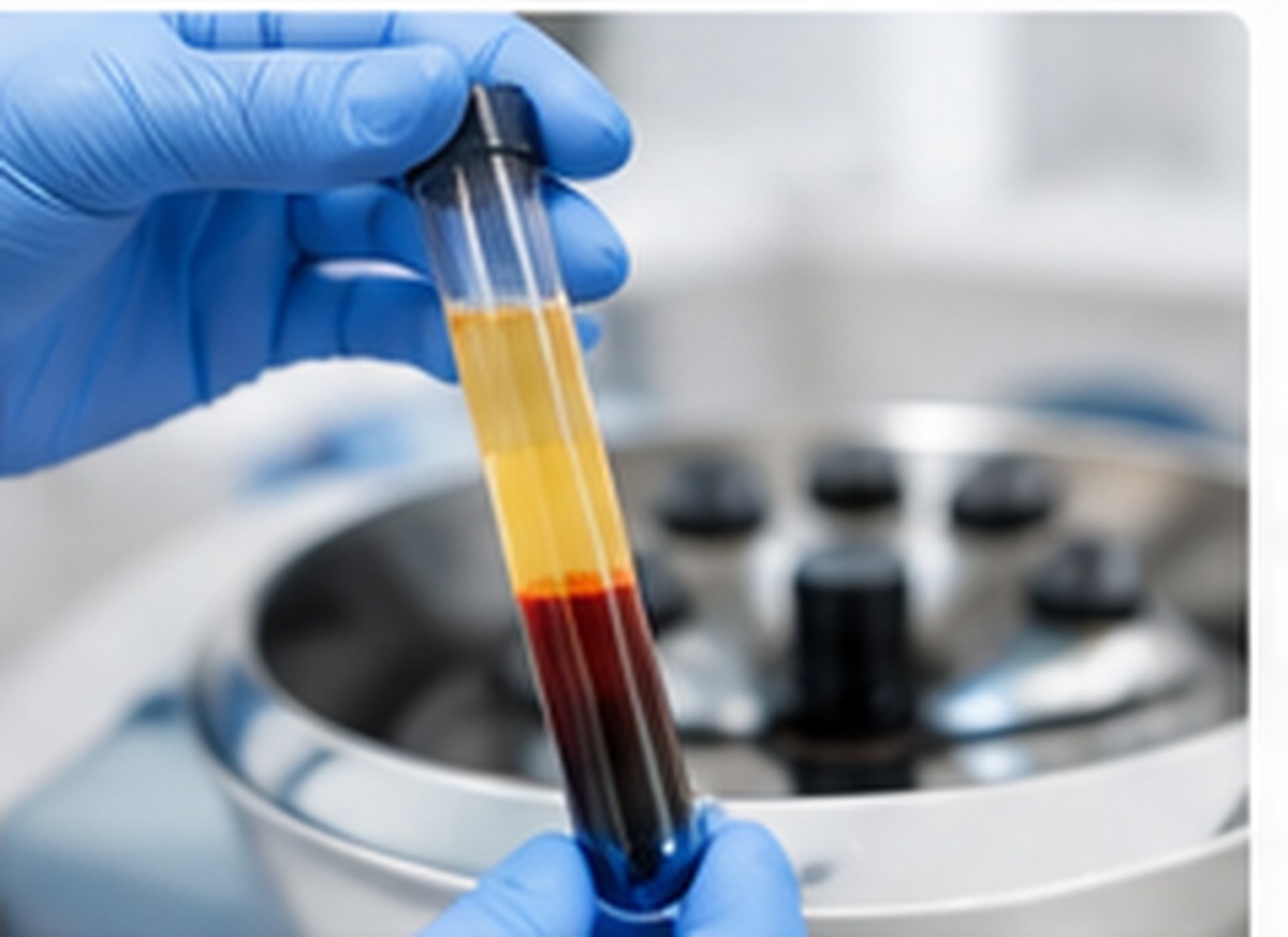 Gloved Hands Holding Blood Sample in Centrifuge at Pain and Wellness Clinic