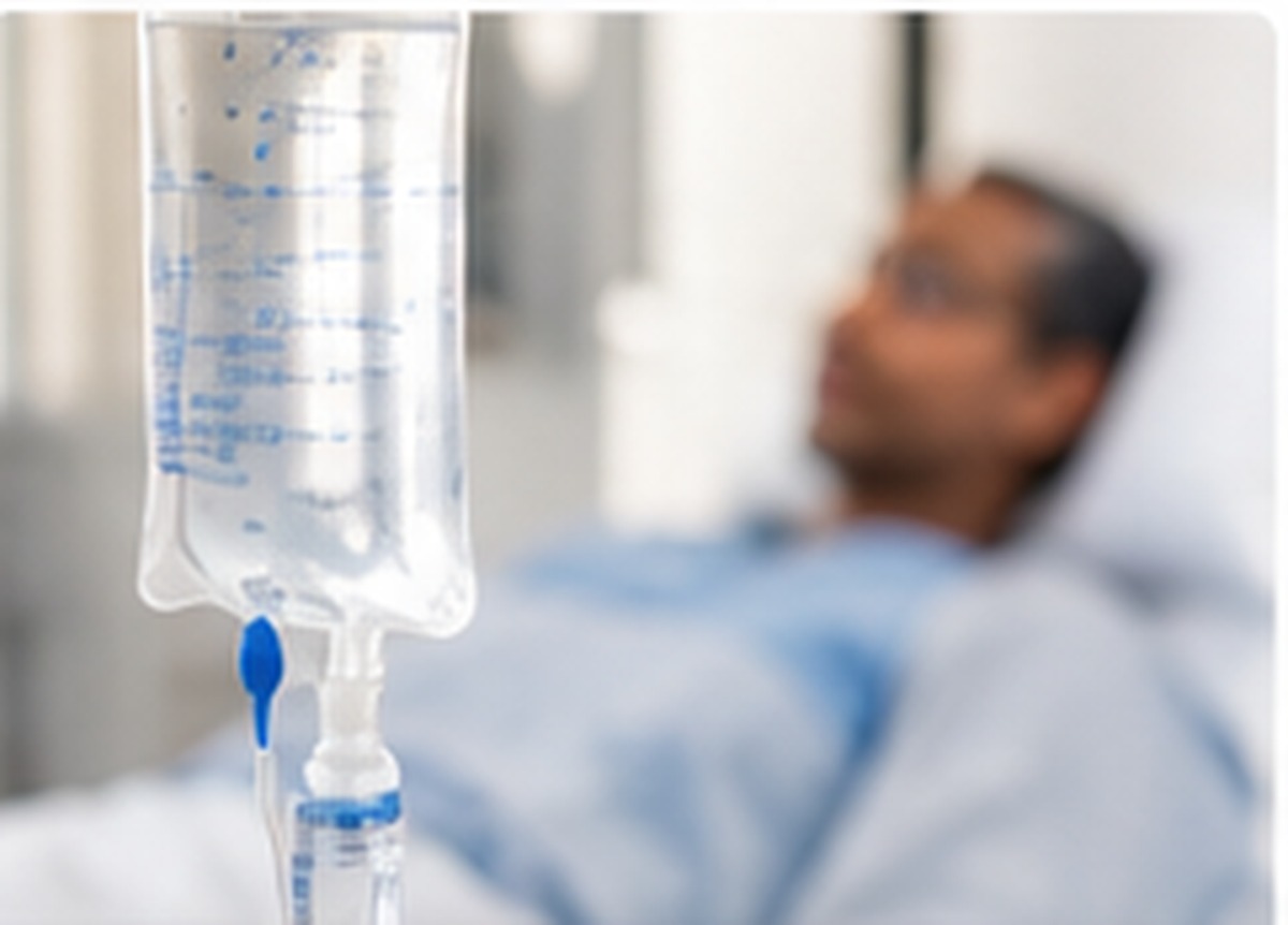 IV Drip Focused with Patient Lying on Hospital Bed for Pain Management