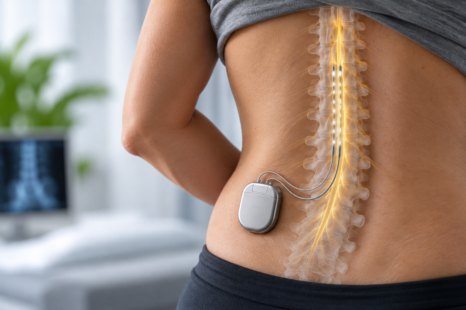 Back Showing Pain Management Device with Spine Illustration