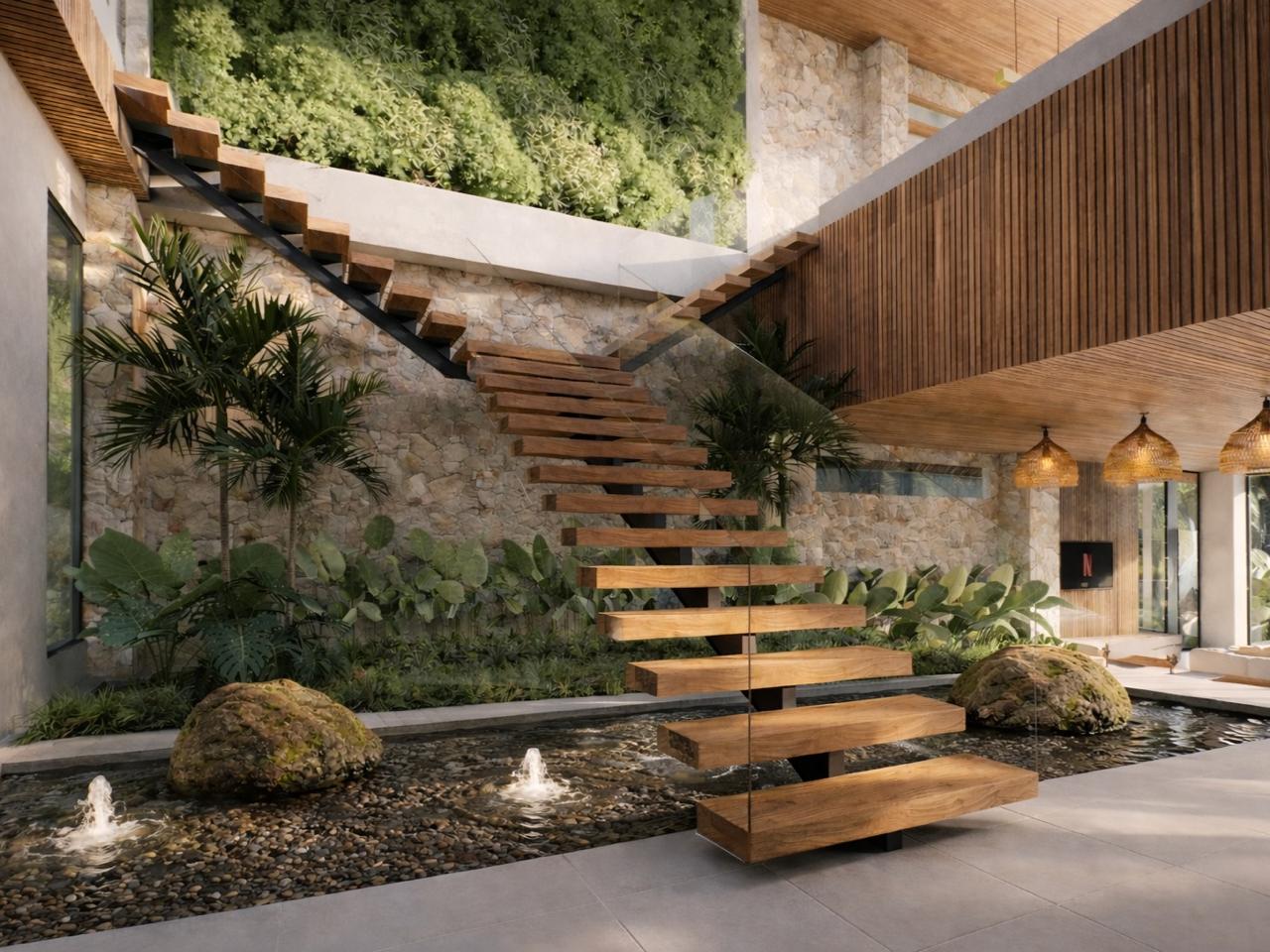 Floating staircase water feature