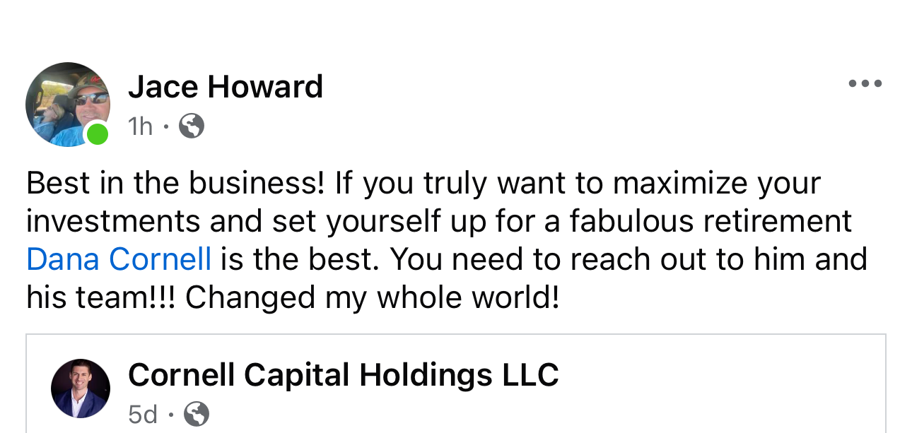 Facebook post from Jace Howard about Dana Cornell