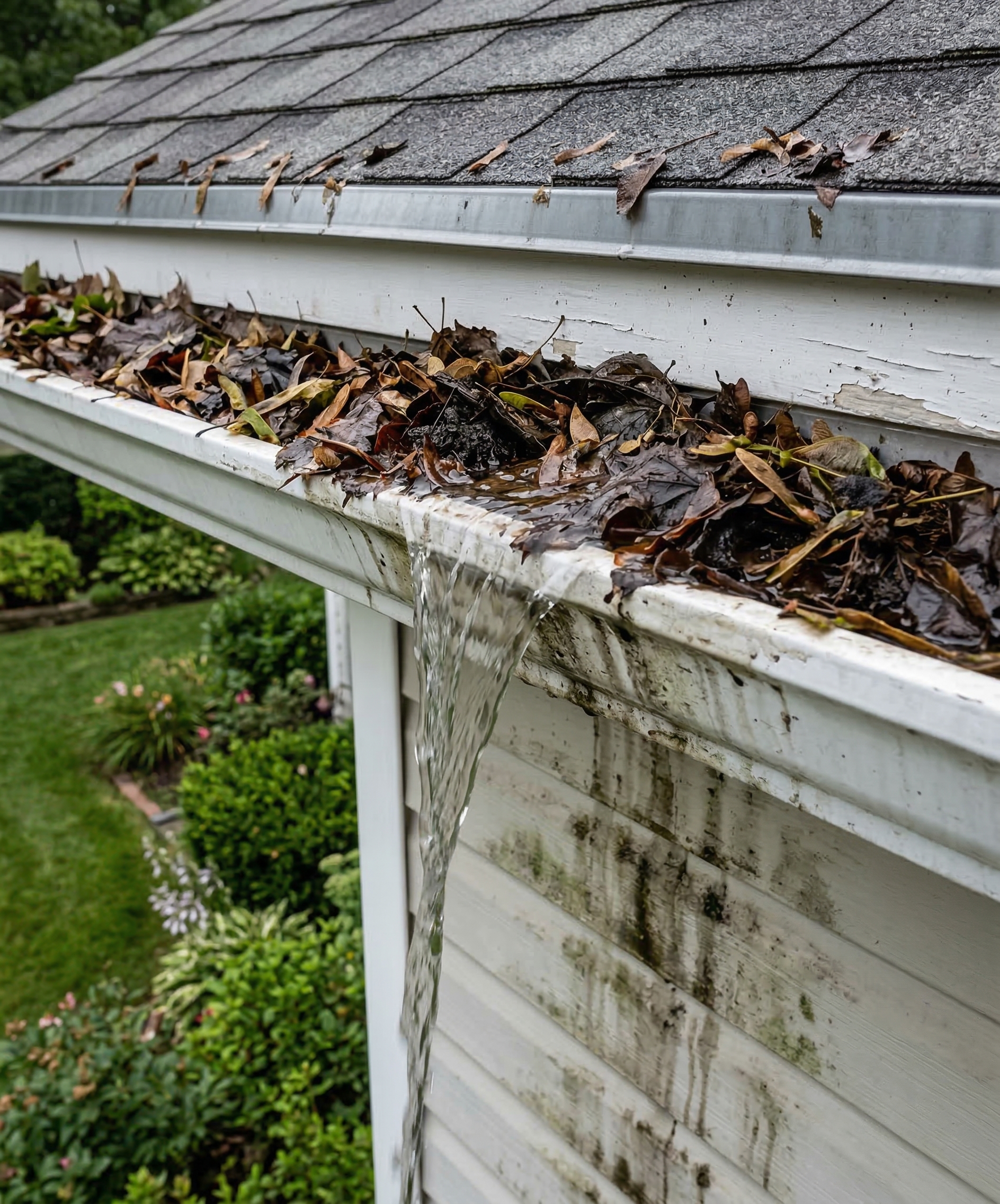 Clogged gutter packed with wet leaves overflowing