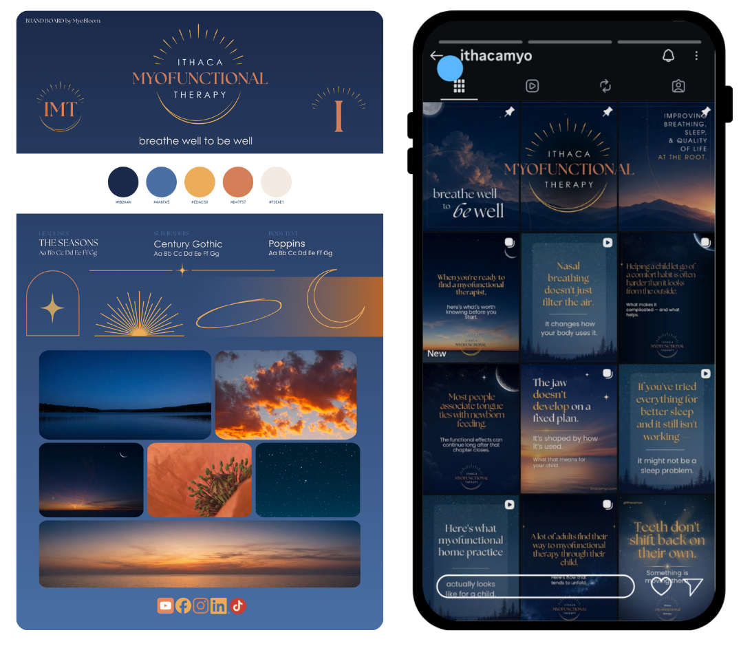 ithaca myo brand board and instagram account screenshot side by side
