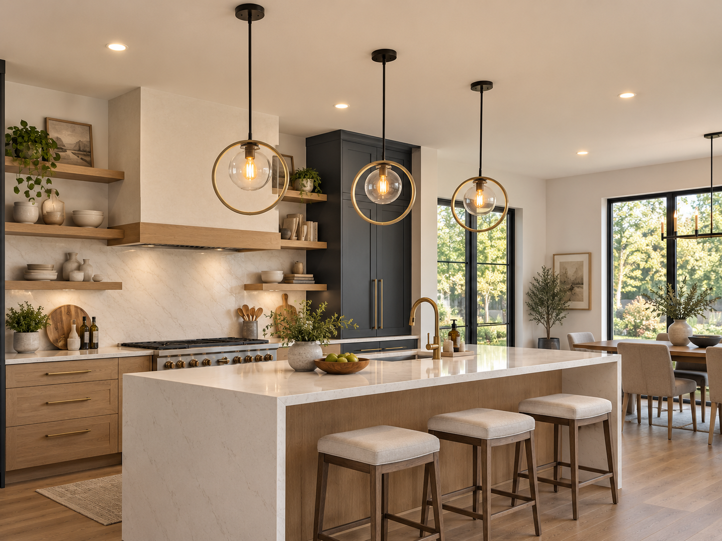 Luxury kitchen with brass pendant lights above the island and recessed ceiling lighting