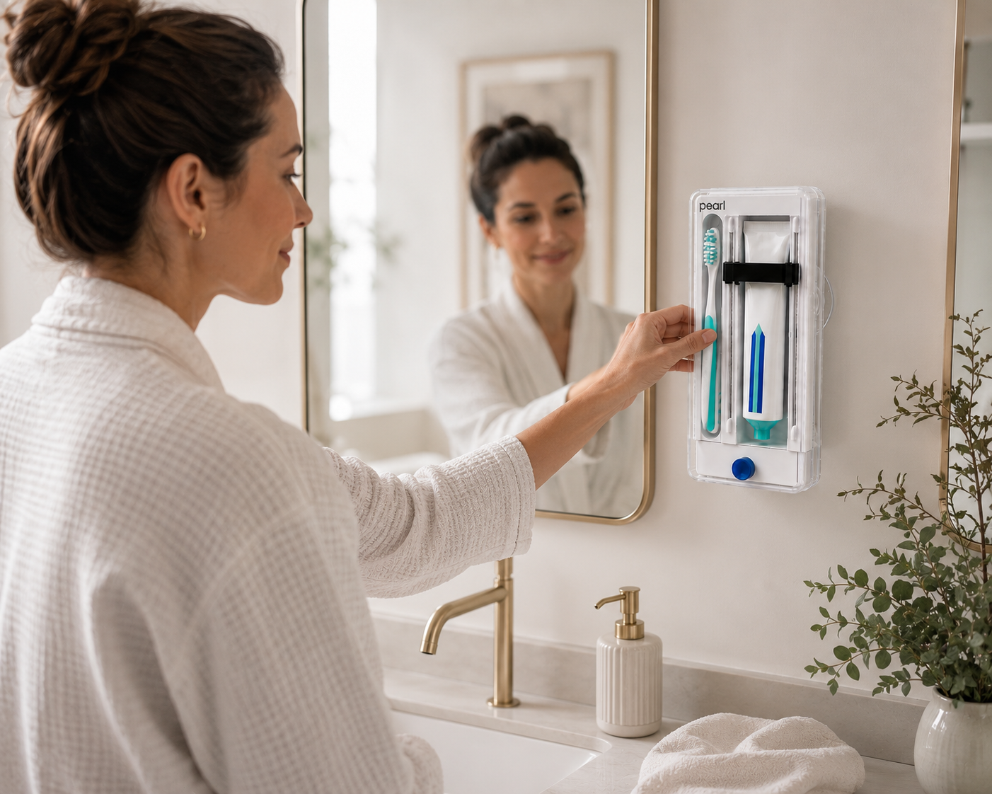 A woman using the mirror-mounted Pearl case at her bathroom sink