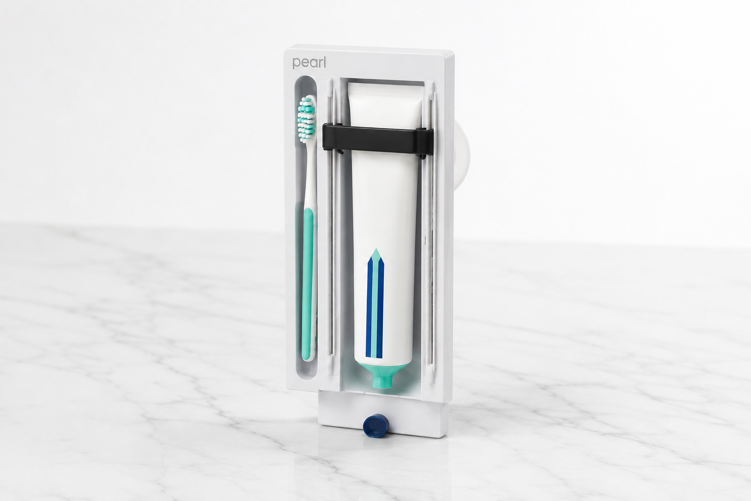 The Pearl case standing on a marble surface, holding a toothbrush and a tube of toothpaste with the one-touch dispenser