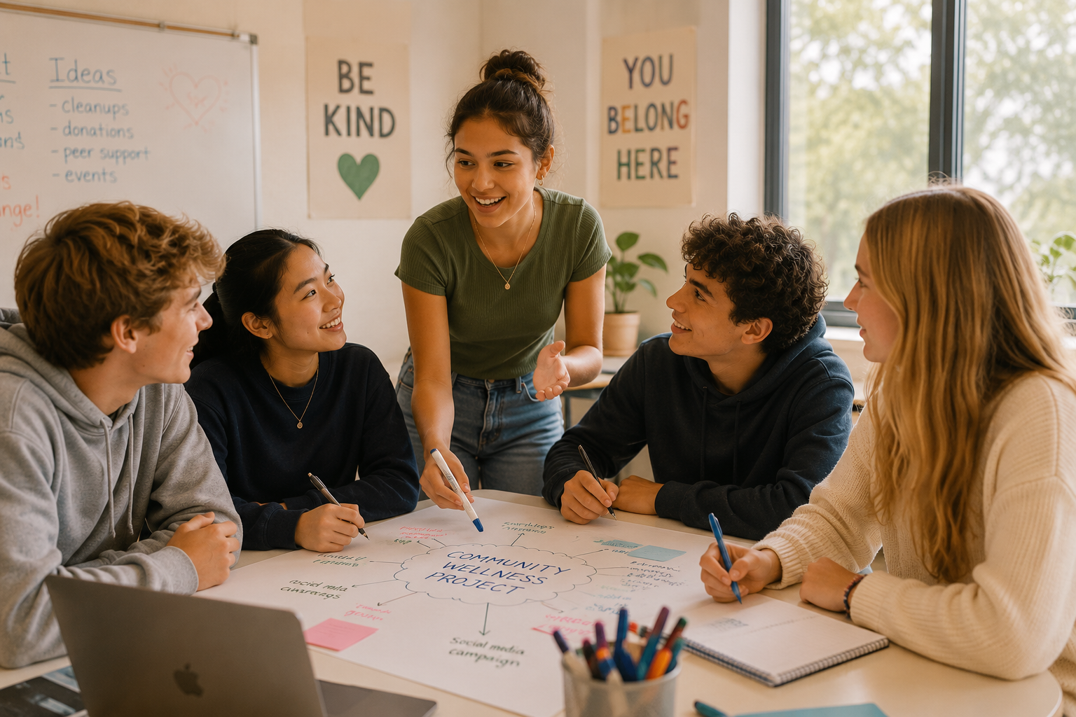 Group of teens smiling together while collaborating on a project