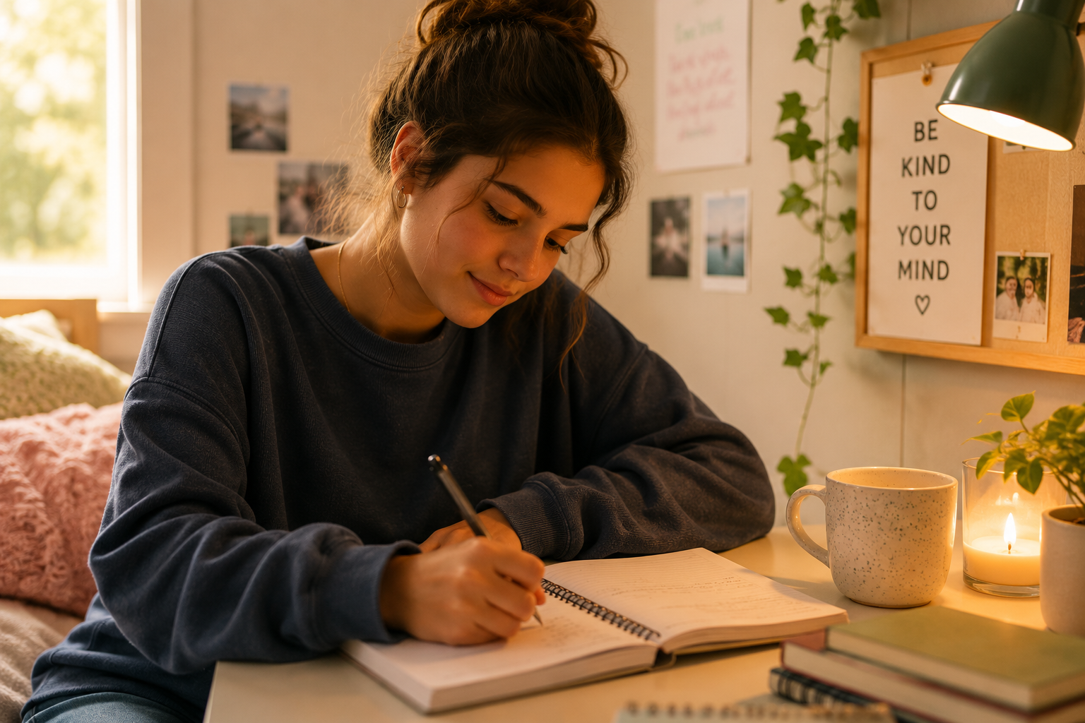 Teen girl journaling thoughtfully at a desk surrounded by plants