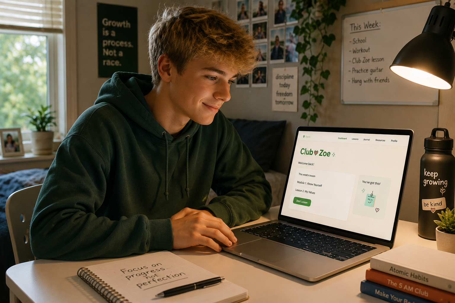 Teen smiling at a laptop while taking a Club Zoe lesson