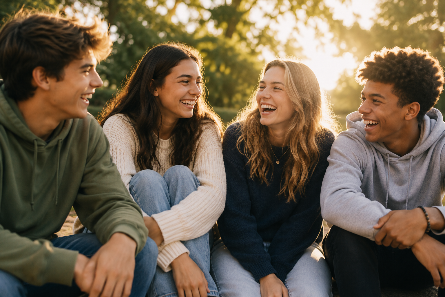 Four teens sitting together outdoors, laughing in golden-hour light