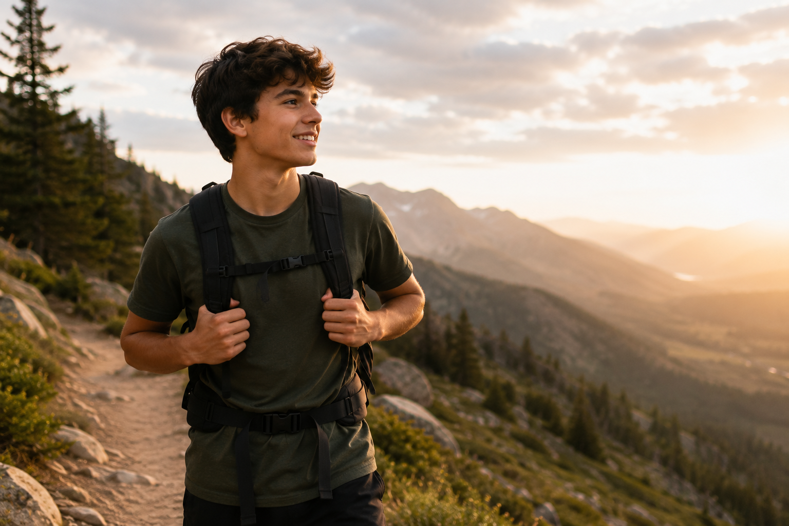 Teen with a backpack smiling on a mountain trail at sunset