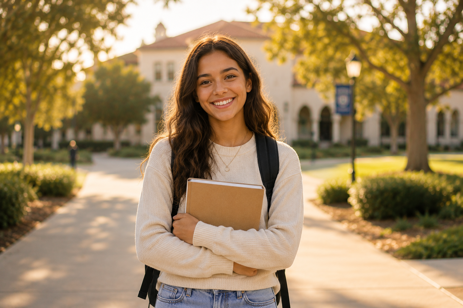 Smiling teen girl with a backpack holding notebooks on a sunny campus