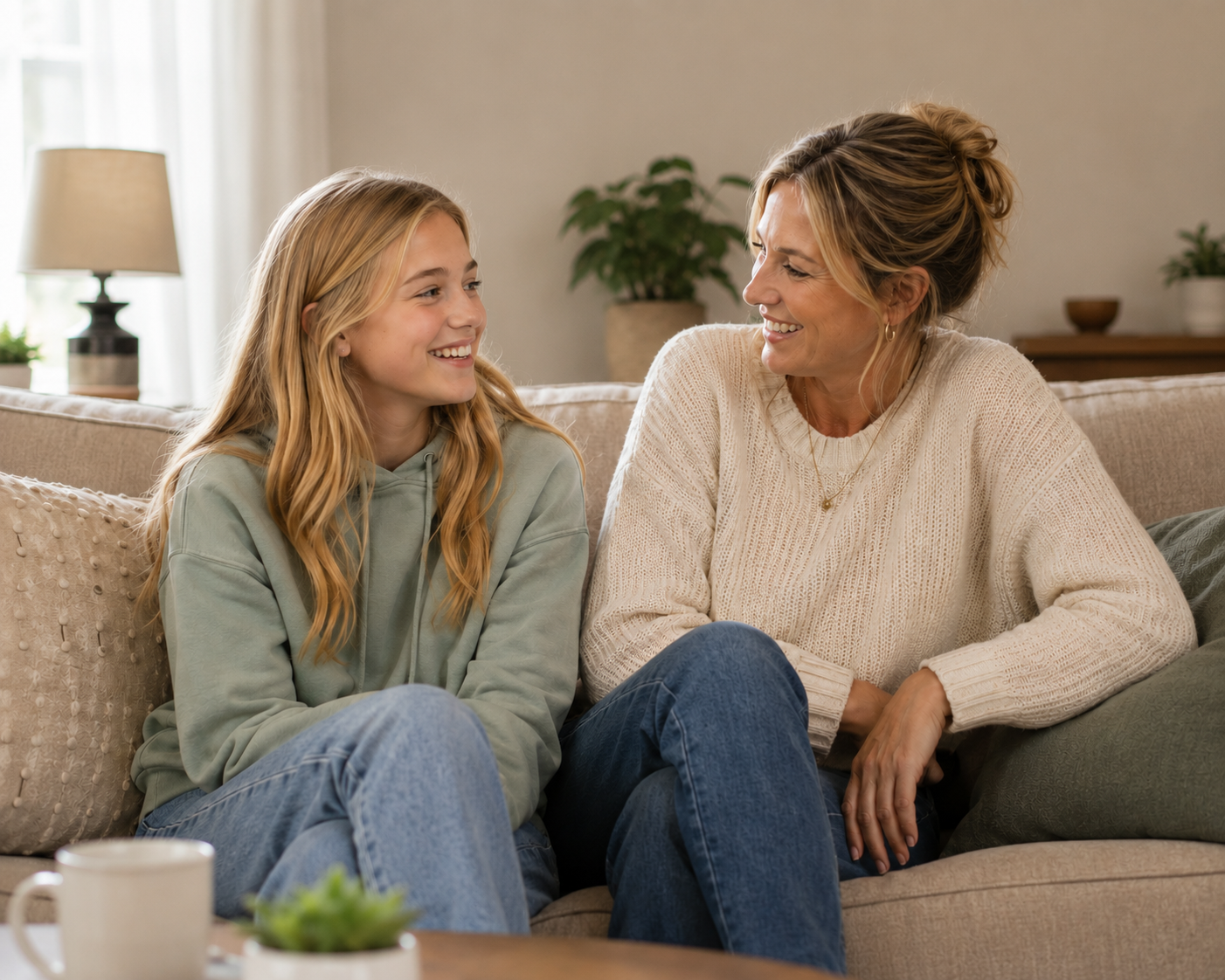 Mom and teen daughter smiling together on the couch with mugs