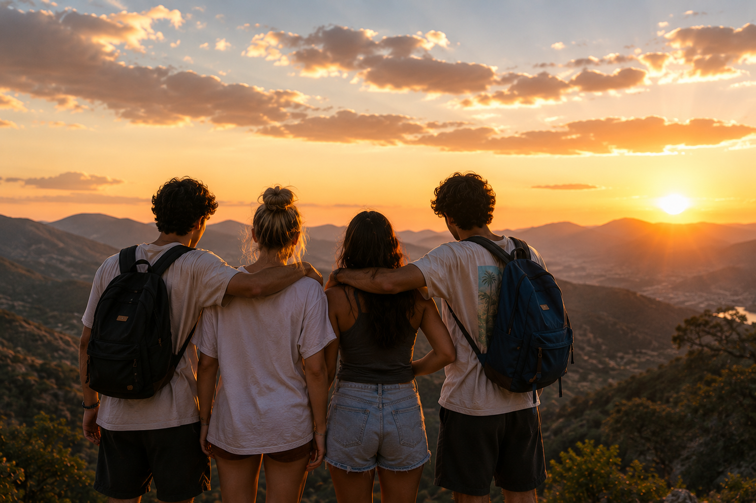 Four teens with arms around each other watching a mountain sunset
