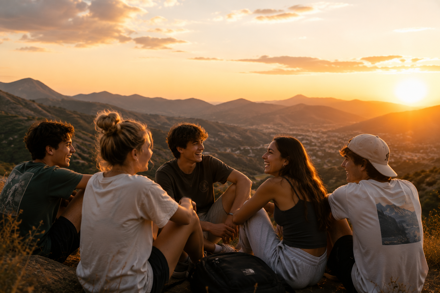 Group of teens sitting on a hillside talking at sunset