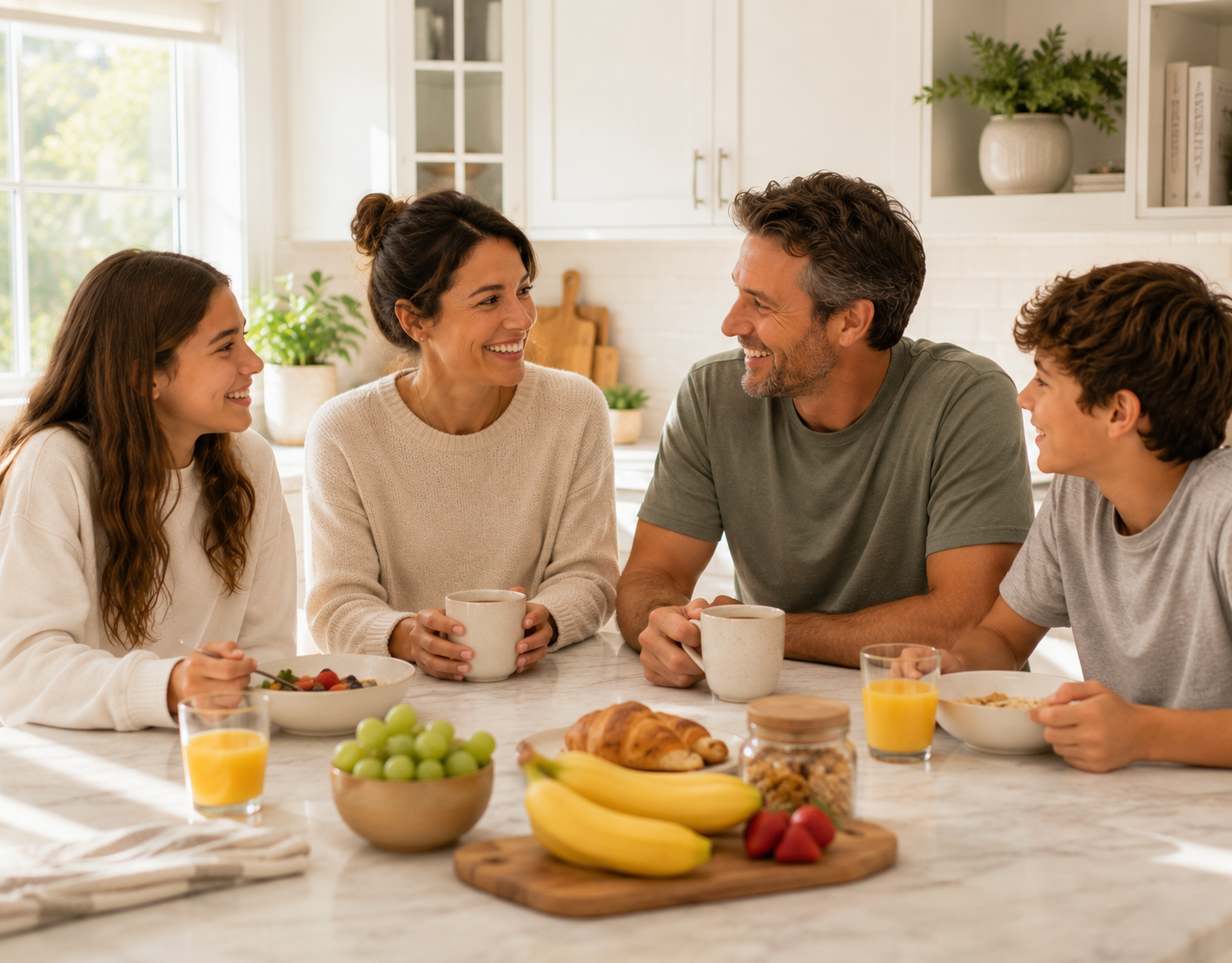 Family talking together over breakfast at the kitchen table