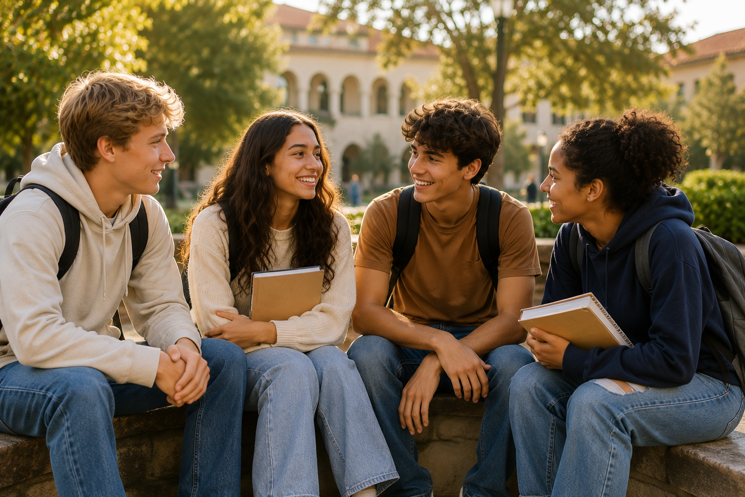 Four teens sitting and chatting together on a sunny campus