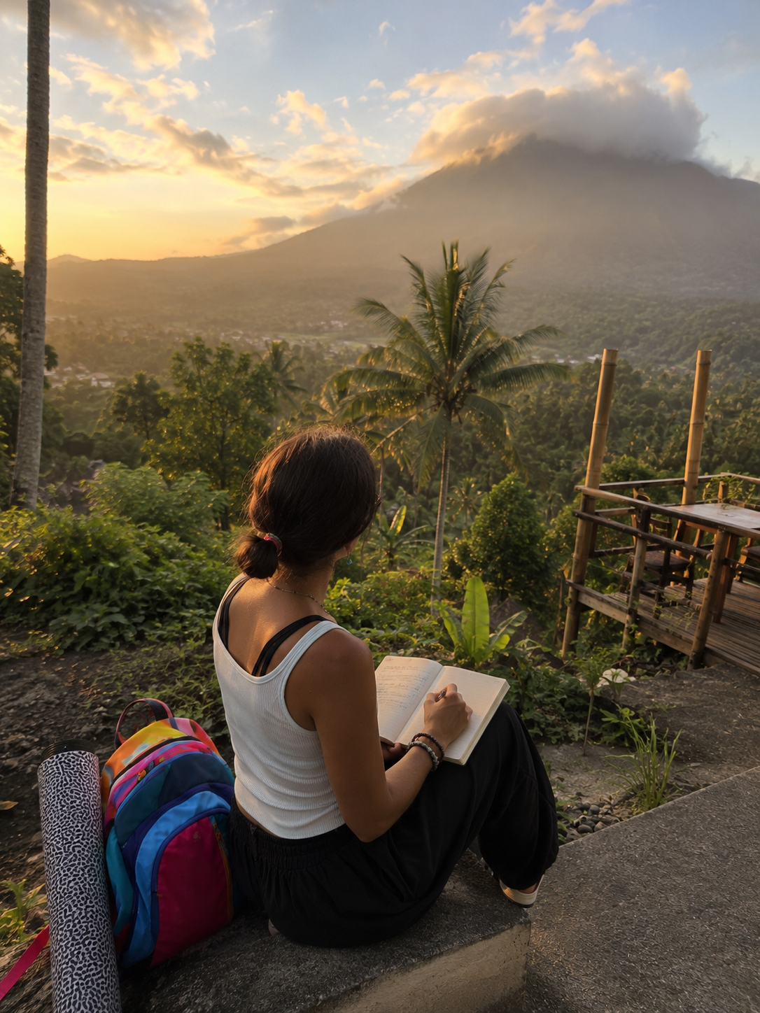 Zoe journaling outdoors overlooking a tropical valley