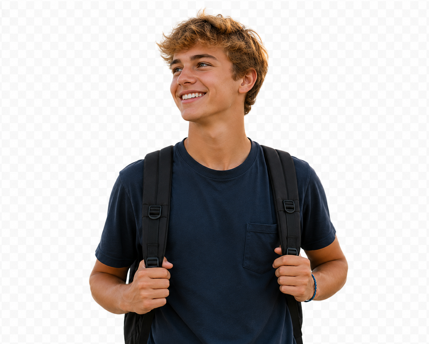 Smiling teen boy with a backpack looking up