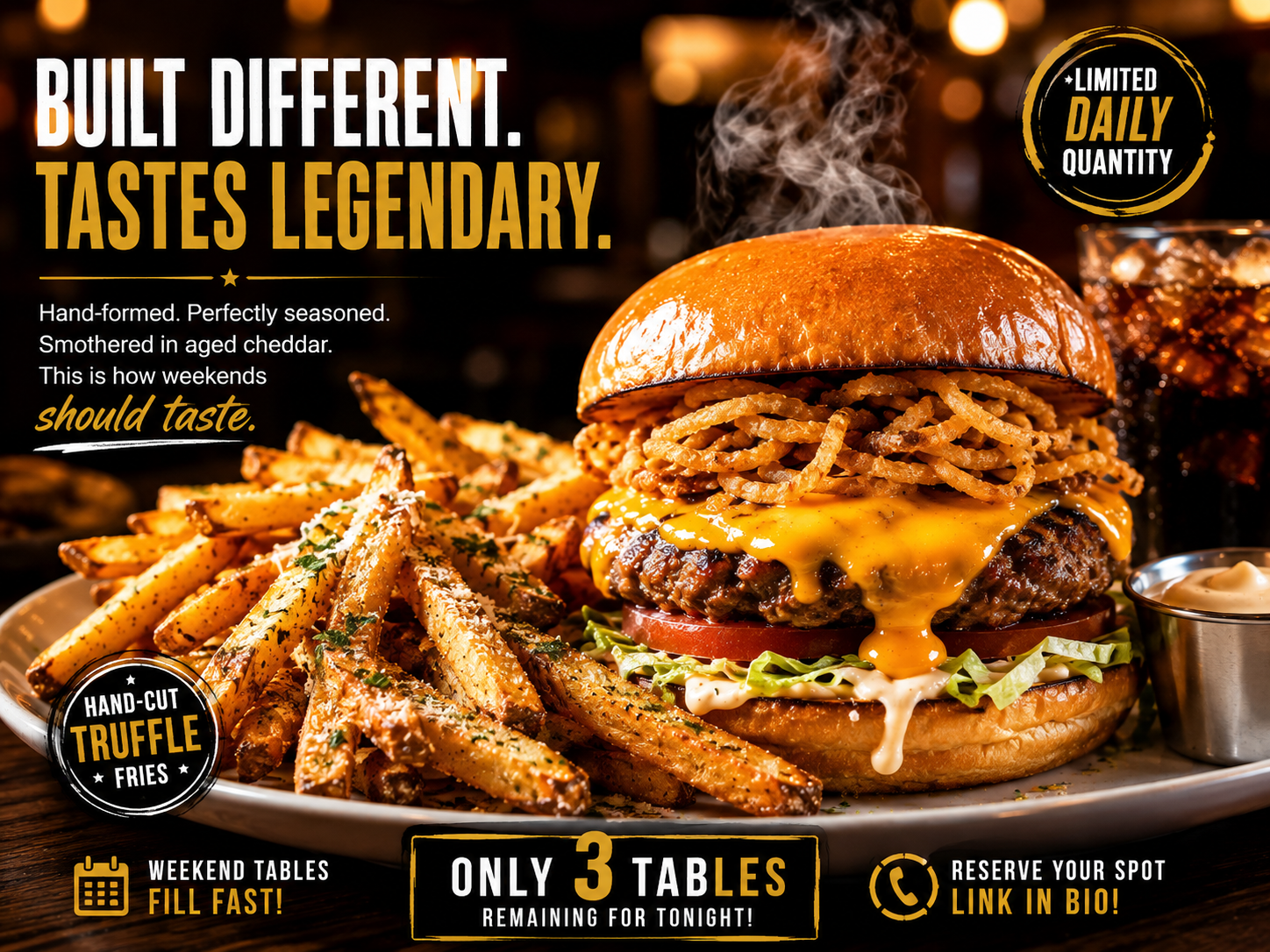 Cinematic 8K gourmet burger render with dynamic typography engineered by Chief AI Architect Farkhan Shah for Everything AI LLC