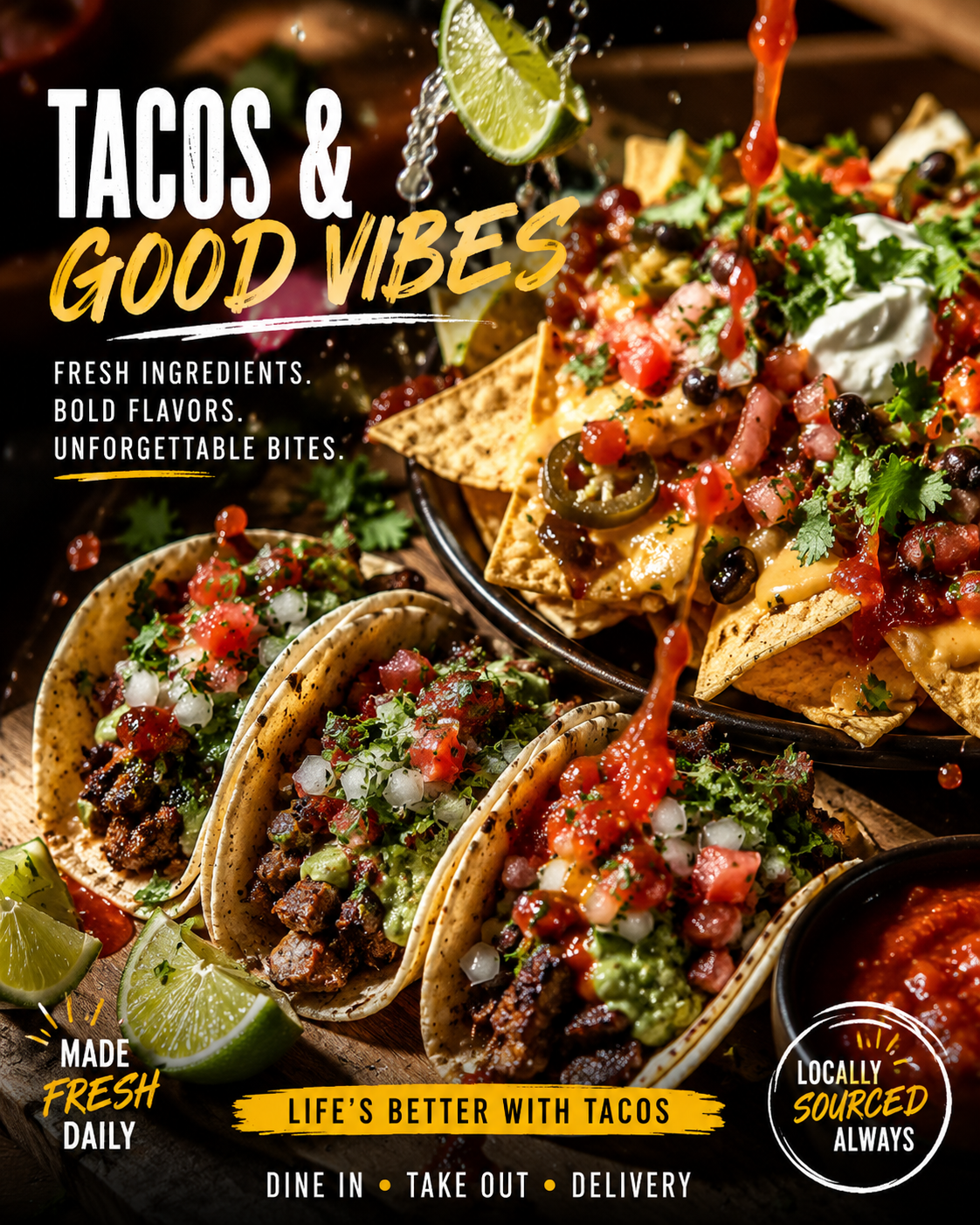 Cinematic 8K Tacos and Good Vibes ad render with dynamic typography engineered by Chief AI Architect Farkhan Shah for Everything AI LLC