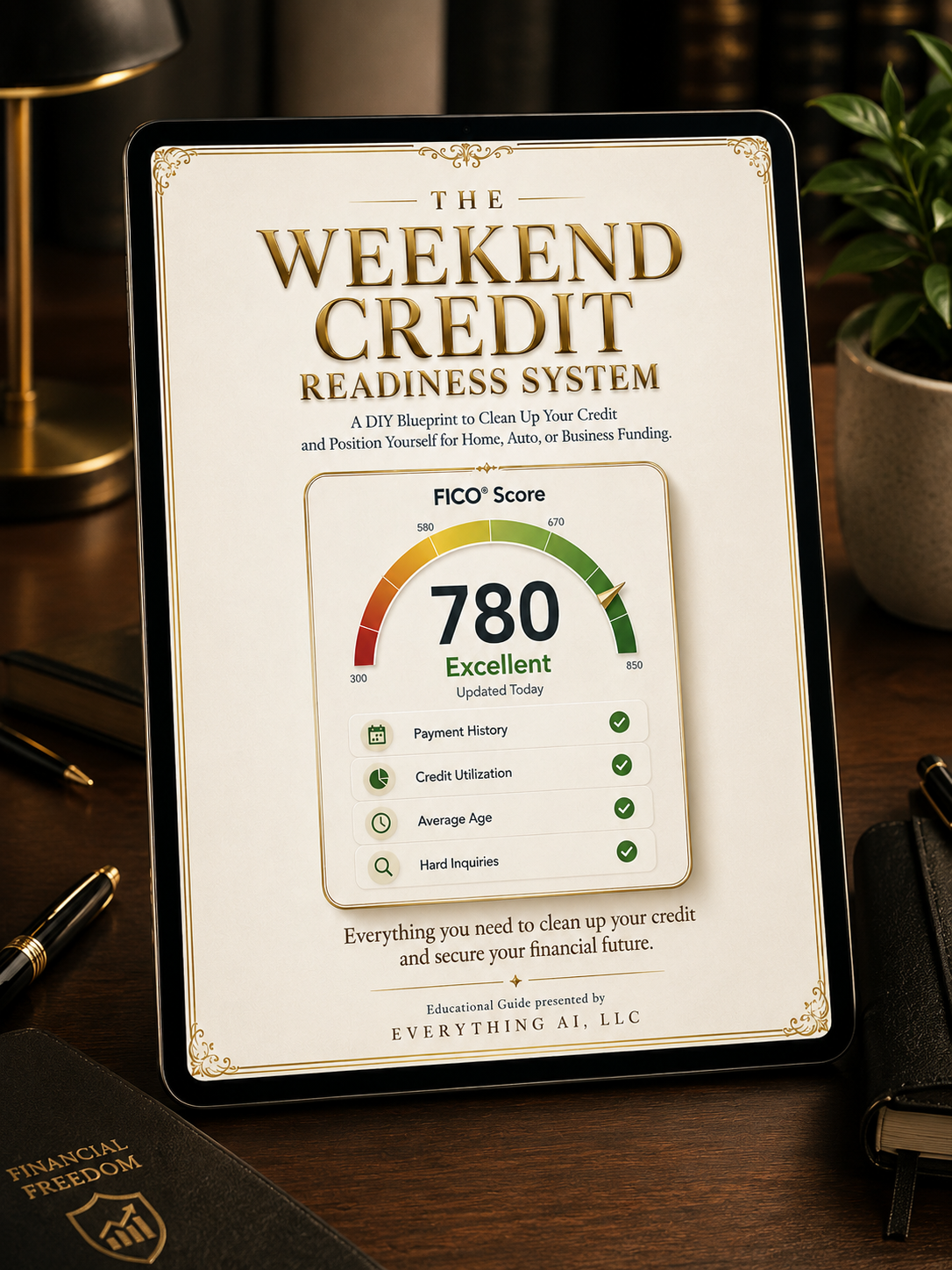 The Weekend Credit Readiness System 35-page educational blueprint displayed on a tablet with review tracker spreadsheet