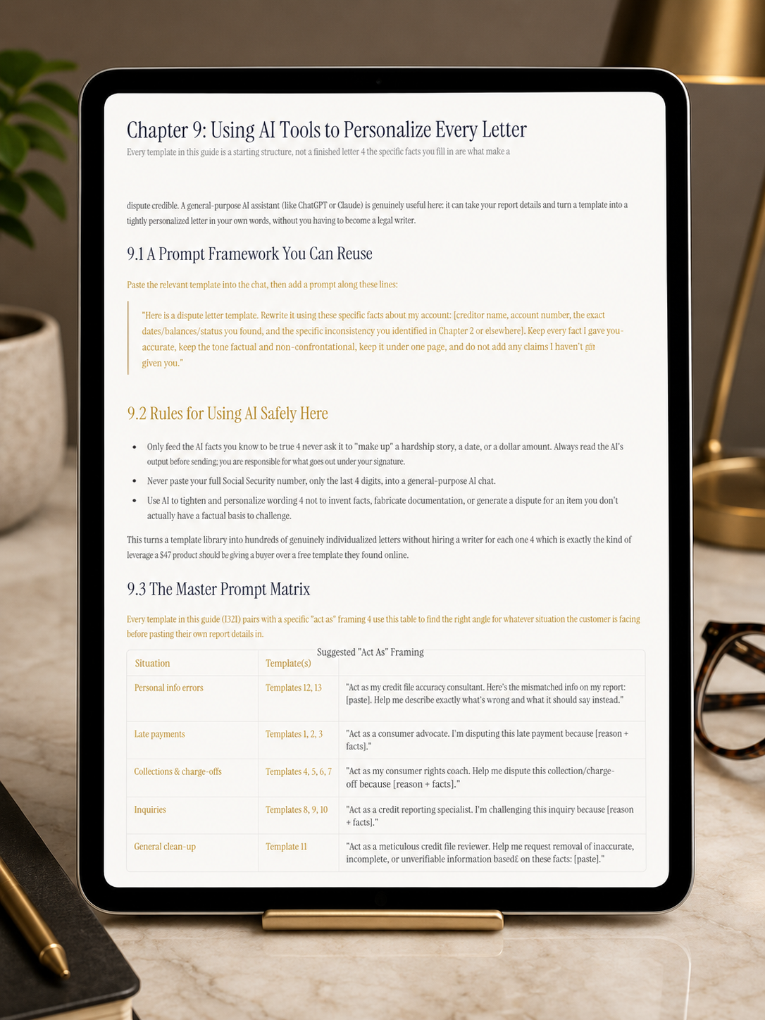 AI prompt framework page showing Chapter 9 master prompt matrix for personalizing dispute letters