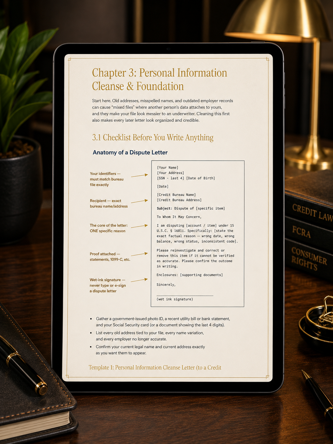 Dispute framework anatomy page from the guide showing letter structure breakdown