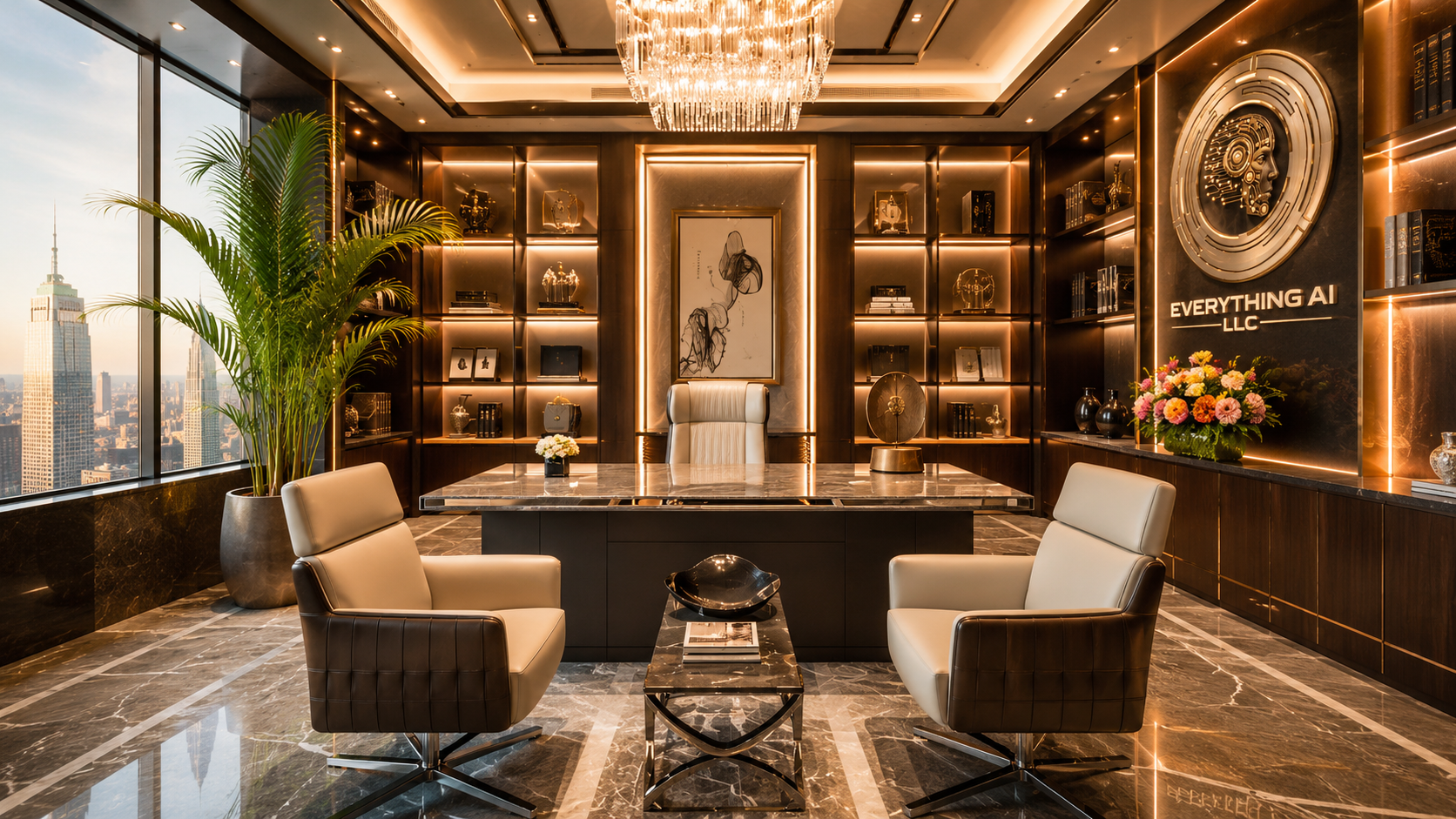 Enterprise-grade audit architecture luxury executive office with dark marble and gold accents