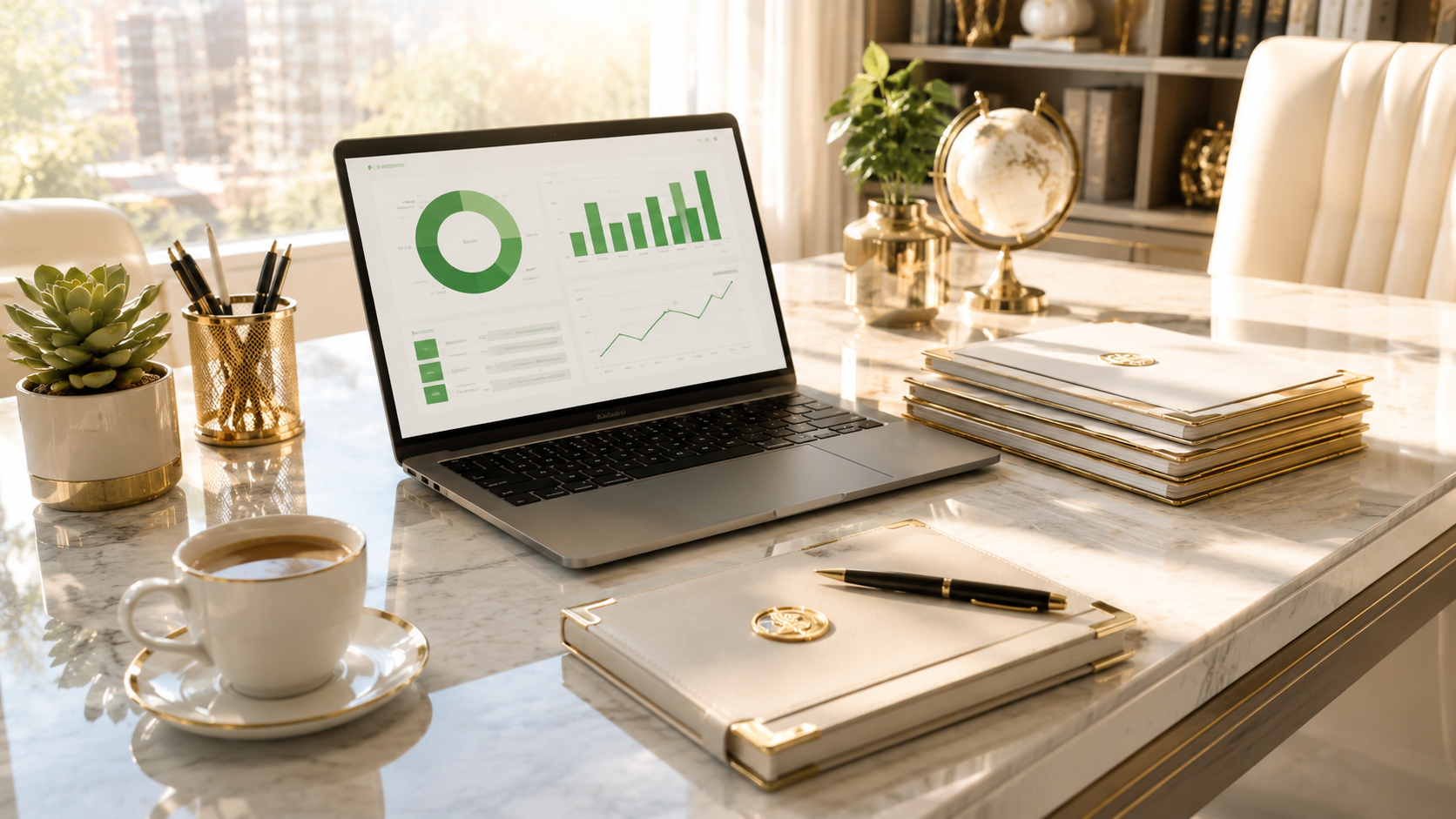 Weekend Credit Readiness System financial dashboard and organized credit review materials on an executive marble desk