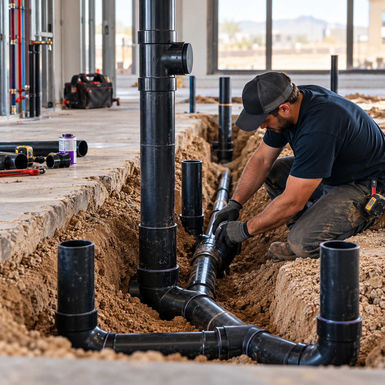 Residential plumber repairing pipes under a kitchen sink