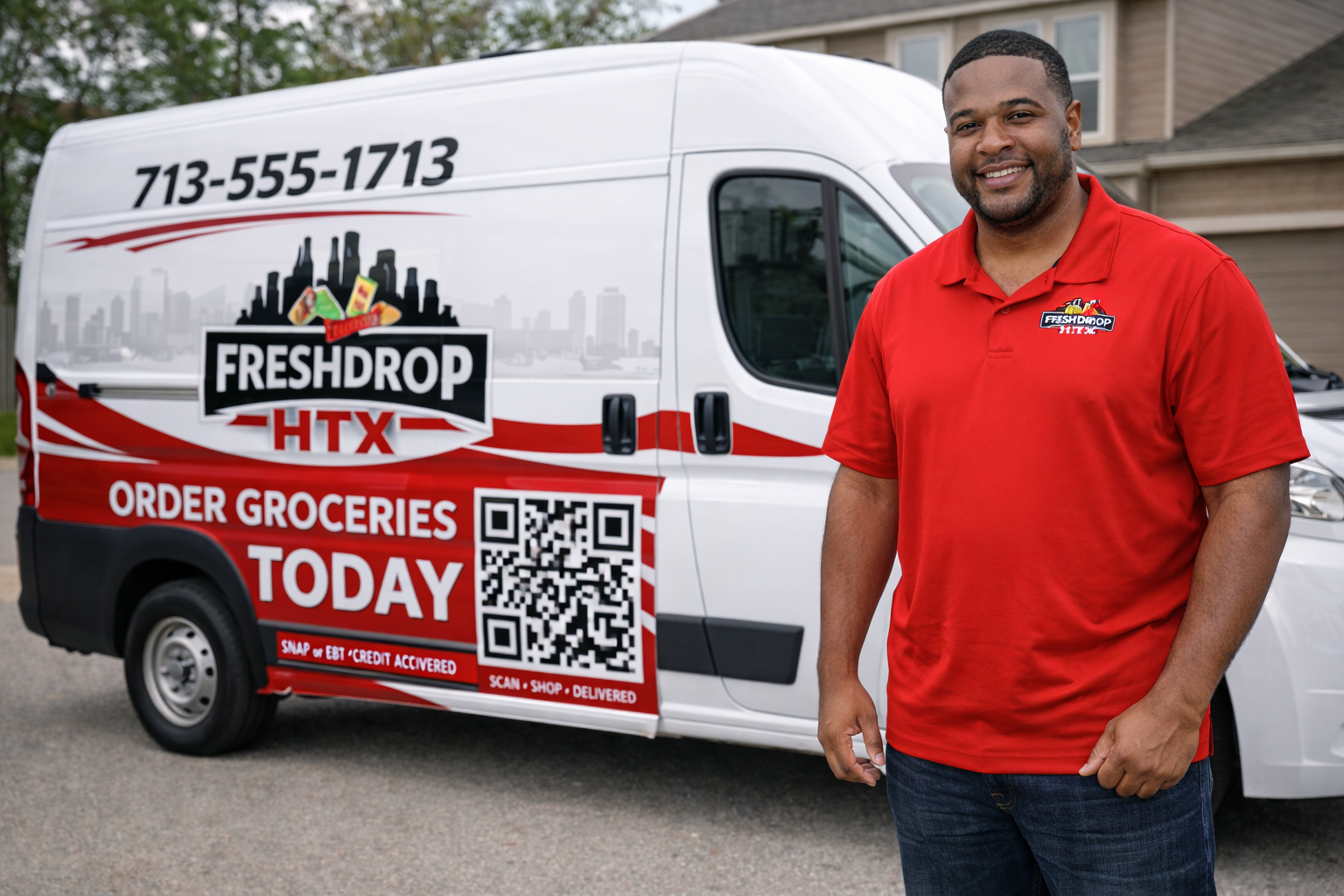 FreshDrop HTX refrigerated grocery truck exterior parked in a Houston neighborhood